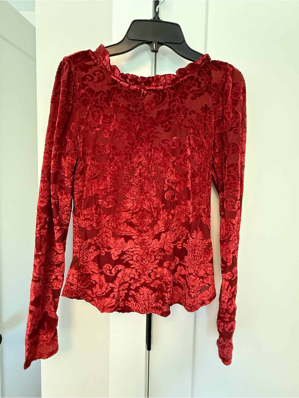 Anthropologie Red Burnout Velvet Long Sleeve Top